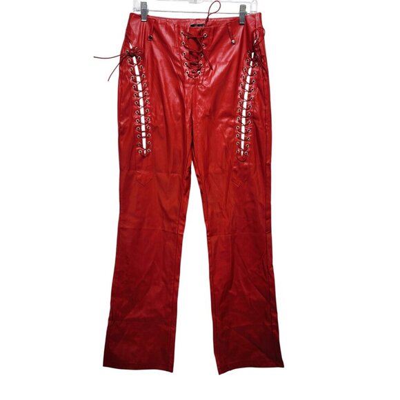 Red Lace-Up Womens Faux Leather Pants With Grommet Details & Flared Legs Size L - Picture 1 of 10